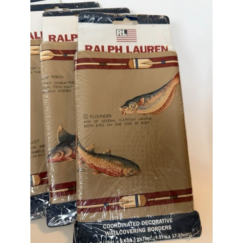 4 Ralph Lauren Clear Creek Burlap Fish Cabin Lodge Wallpaper Border Sealed Lot
